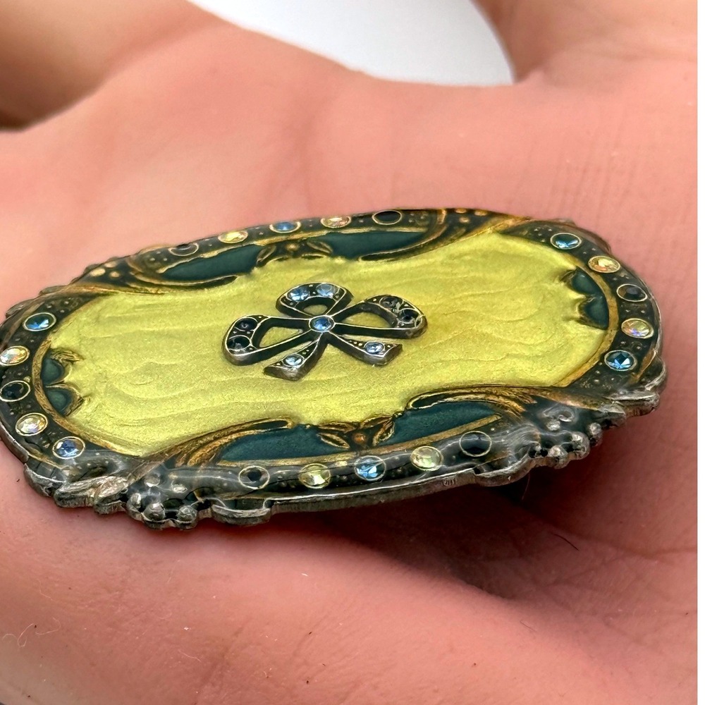 Vintage Victorian Revival Bow Enamel Brooch Blue Rhinestone Art Nouveau Style